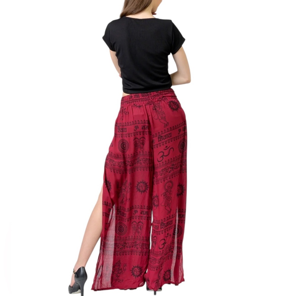 Boho Rhea Red Maroon Printed High-Slit Wide Leg Cotton Pants - Picture 3 of 3